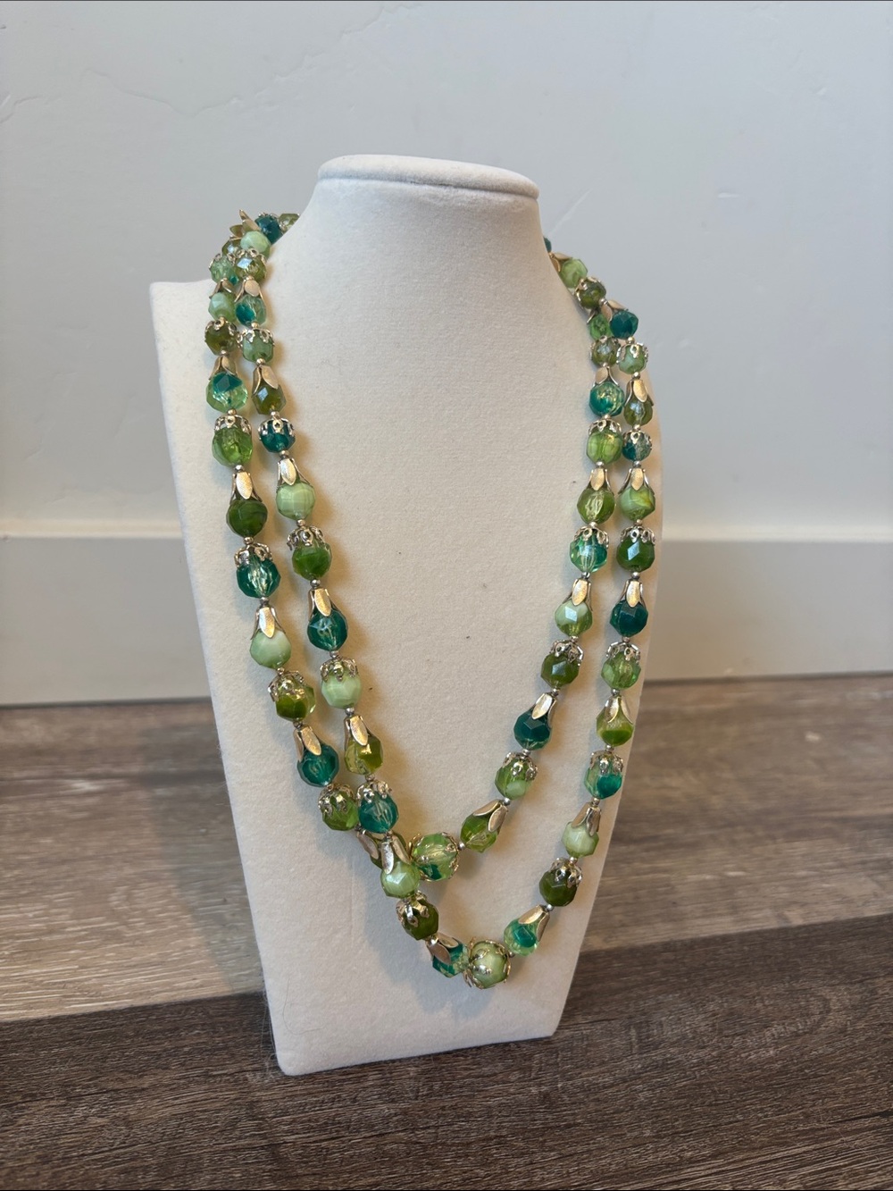 Vintage Green Multi-Tone Double Strand Necklace with Gold Accents